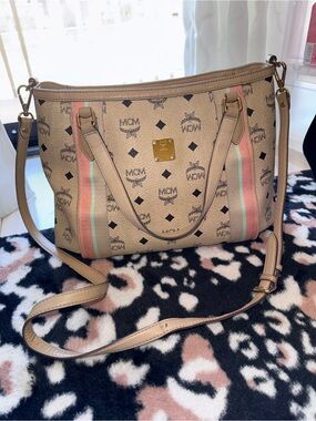 MCM Beige Visetos Shoulder Bag with Pink and Mint Stripes
